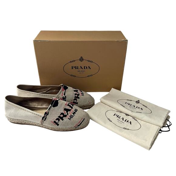 PRADA Embroidered Logo Canvas Espadrille EU 38 US 8 Beige Slip On Flats - Picture 12 of 12